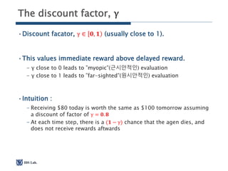 IDS Lab.
The discount factor, γ
•Discount facator, γ ∈ 𝟎, 𝟏 (usually close to 1).
•This values immediate reward above dela...