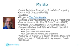 2
My  Bio
•Senior  Technical  Evangelist,  Snowflake  Computing
•Oracle  ACE  Director  (DW/BI)
•OakTable
•Blogger  – The  Data  Warrior
•Certified  Data  Vault  Master  and  DV  2.0  Practitioner
•Former  Member:  Boulder  BI  Brain  Trust  (#BBBT)
•Member:  DAMA  Houston  &  DAMA  International
•Data  Architecture  and  Data  Warehouse  Specialist
•30+  years  in  IT
•25+  years  of  Oracle-­related  work
•20+  years  of  data  warehousing  experience
•Author  &  Co-­Author  of  a  bunch  of  books  (Amazon)
•Past-­President  of    ODTUG  and  Rocky  Mountain  Oracle  
User  Group  
 