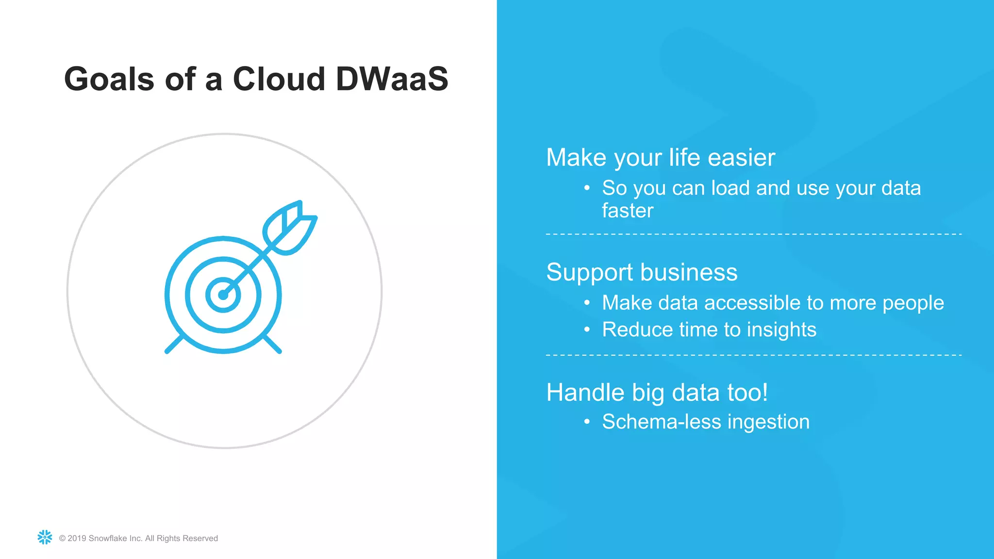 © 2019 Snowflake Inc. All Rights Reserved
Goals of a Cloud DWaaS
Make your life easier
• So you can load and use your data
faster
Support business
• Make data accessible to more people
• Reduce time to insights
Handle big data too!
• Schema-less ingestion
 