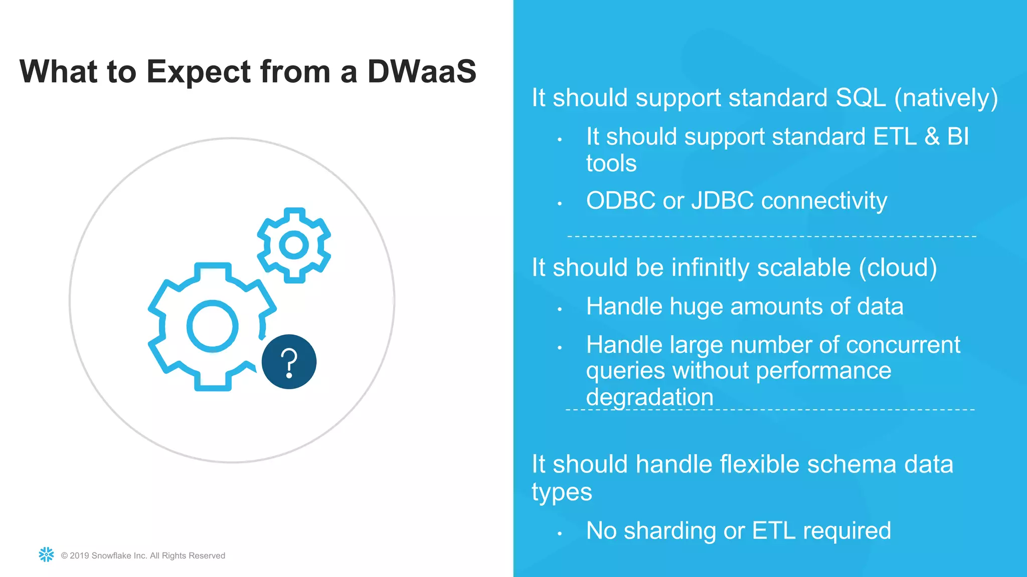 © 2019 Snowflake Inc. All Rights Reserved
It should support standard SQL (natively)
• It should support standard ETL & BI
tools
• ODBC or JDBC connectivity
It should be infinitly scalable (cloud)
• Handle huge amounts of data
• Handle large number of concurrent
queries without performance
degradation
It should handle flexible schema data
types
• No sharding or ETL required
What to Expect from a DWaaS
 