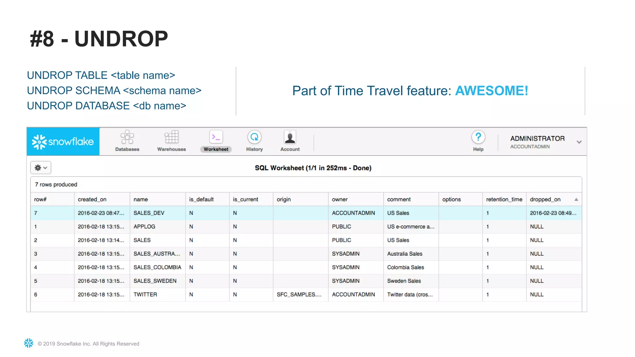 © 2019 Snowflake Inc. All Rights Reserved
#8 - UNDROP
UNDROP TABLE <table name>
UNDROP SCHEMA <schema name>
UNDROP DATABASE <db name>
Part of Time Travel feature: AWESOME!
 
