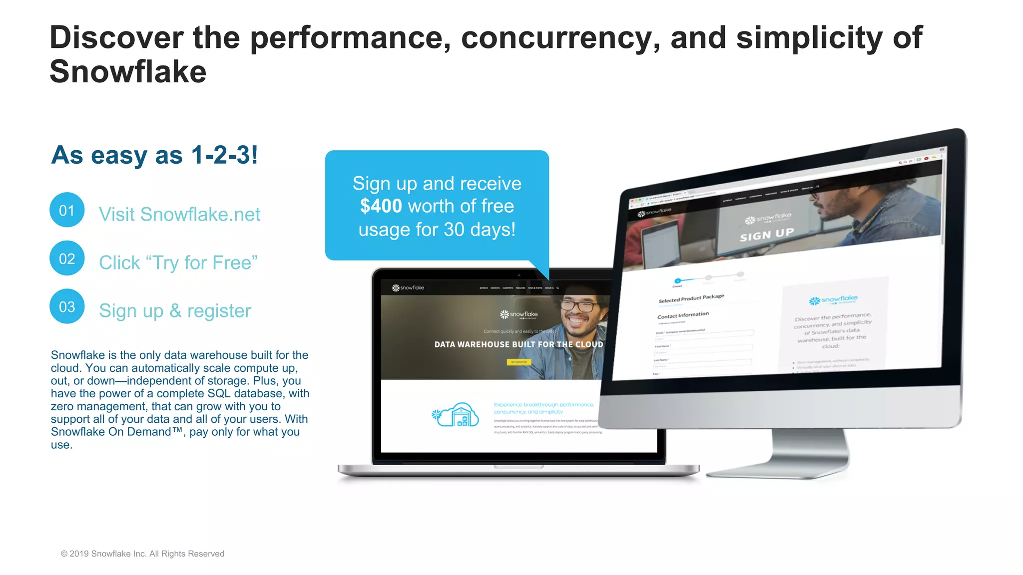 Discover the performance, concurrency, and simplicity of
Snowflake
As easy as 1-2-3!
01 Visit Snowflake.net
02 Click “Try for Free”
03 Sign up & register
Snowflake is the only data warehouse built for the
cloud. You can automatically scale compute up,
out, or down—independent of storage. Plus, you
have the power of a complete SQL database, with
zero management, that can grow with you to
support all of your data and all of your users. With
Snowflake On Demand™, pay only for what you
use.
Sign up and receive
$400 worth of free
usage for 30 days!
© 2019 Snowflake Inc. All Rights Reserved
 