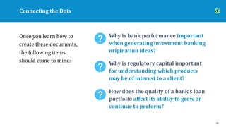 Connecting the Dots
58
Once you learn how to
create these documents,
the following items
should come to mind:
Why is bank ...