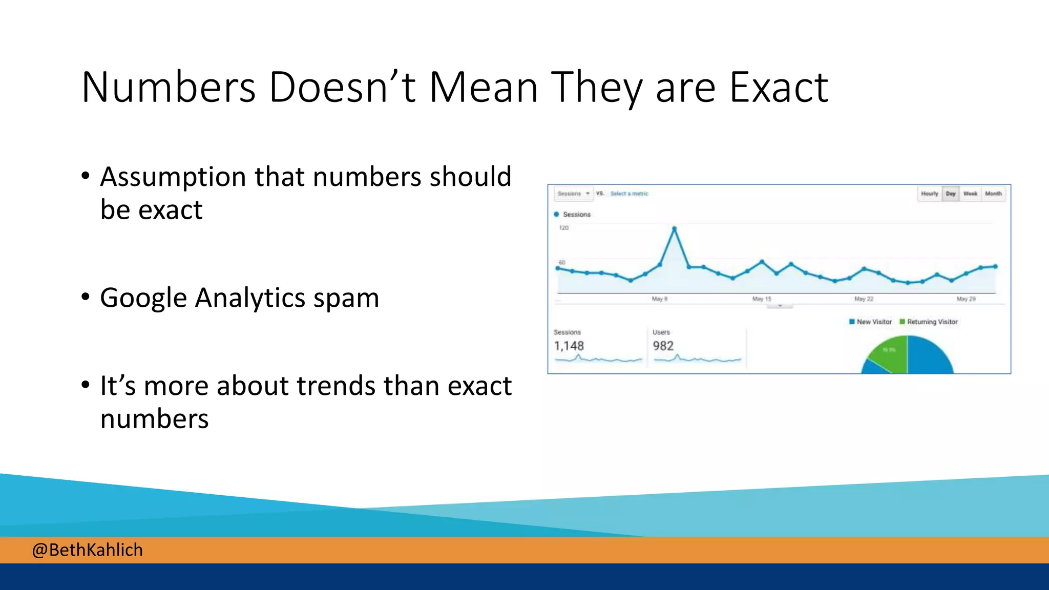 @BethKahlich
Numbers Doesn’t Mean They are Exact
• Assumption that numbers should
be exact
• Google Analytics spam
• It’s more about trends than exact
numbers
 