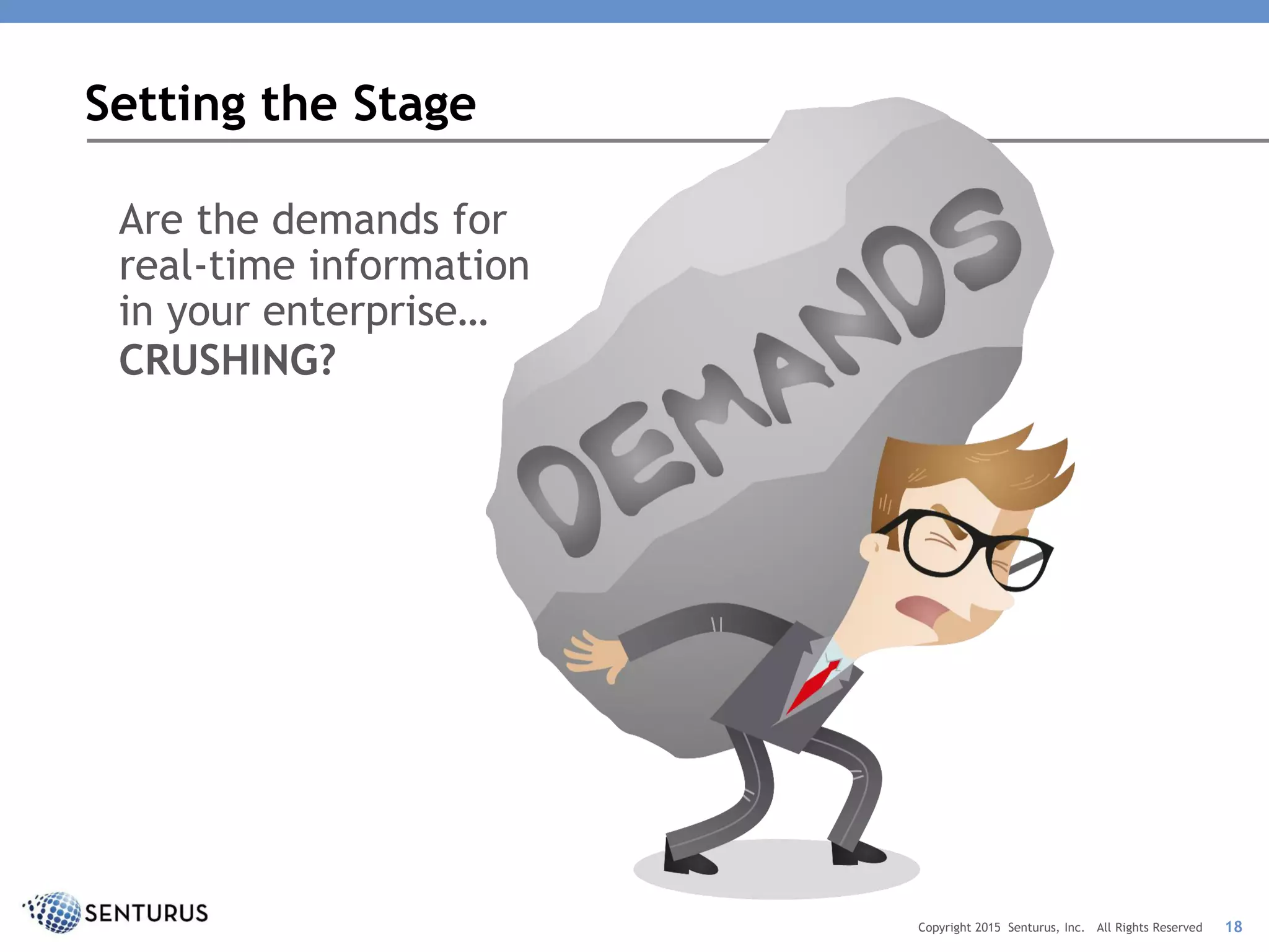 Are the demands for
real-time information
in your enterprise…
Setting the Stage
18Copyright 2015 Senturus, Inc. All Rights Reserved
CRUSHING?
 