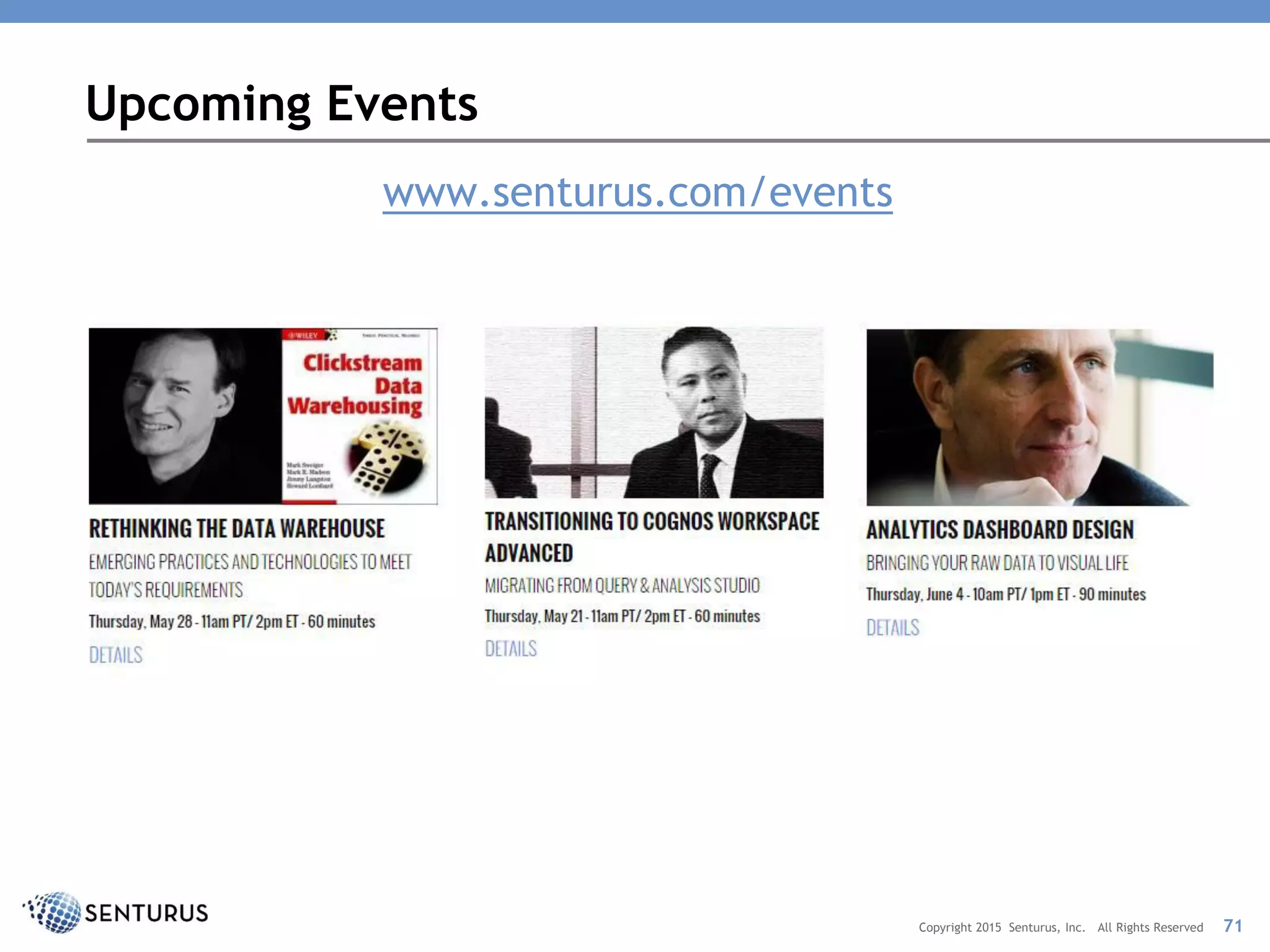 www.senturus.com/events
Upcoming Events
71Copyright 2015 Senturus, Inc. All Rights Reserved
 