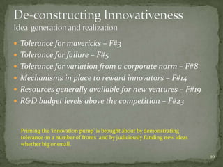  Tolerance for mavericks – F#3
 Tolerance for failure – F#5
 Tolerance for variation from a corporate norm – F#8
 Mechanisms in place to reward innovators – F#14
 Resources generally available for new ventures – F#19
 R&D budget levels above the competition – F#23



  Priming the ‘innovation pump’ is brought about by demonstrating
  tolerance on a number of fronts and by judiciously funding new ideas
  whether big or small.

                                                                         10
 