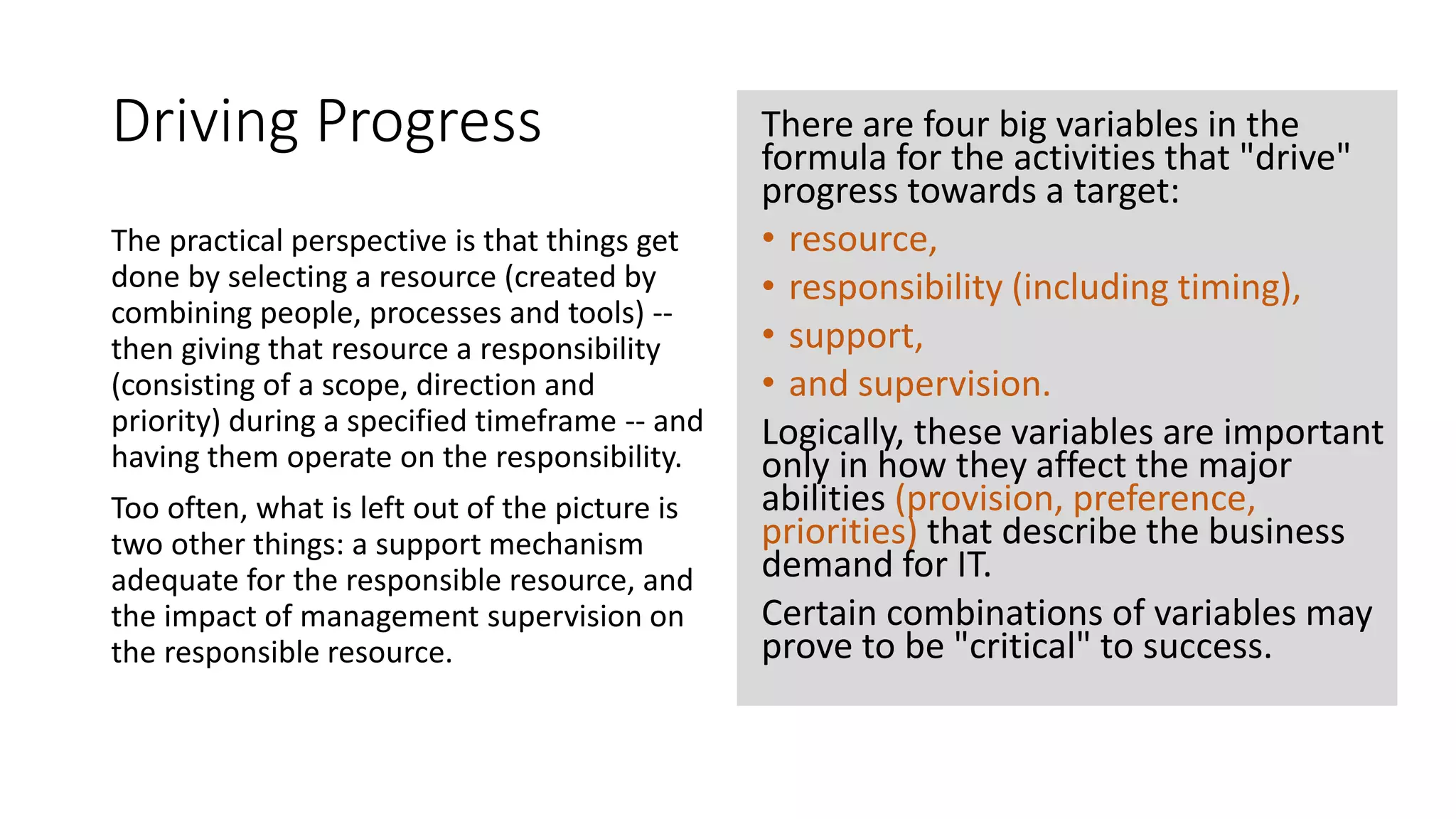 Driving Progress
The practical perspective is that things get
done by selecting a resource (created by
combining people, processes and tools) -then giving that resource a responsibility
(consisting of a scope, direction and
priority) during a specified timeframe -- and
having them operate on the responsibility.
Too often, what is left out of the picture is
two other things: a support mechanism
adequate for the responsible resource, and
the impact of management supervision on
the responsible resource.

There are four big variables in the
formula for the activities that "drive"
progress towards a target:
• resource,
• responsibility (including timing),
• support,
• and supervision.
Logically, these variables are important
only in how they affect the major
abilities (provision, preference,
priorities) that describe the business
demand for IT.
Certain combinations of variables may
prove to be "critical" to success.

 