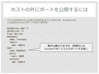 10.0.0.206をホストの外から叩けるようにするには、NodePort(or
LoadBalancer)でポートを外に見せる
mynode-svc.yaml =>
apiVersion: v1
kind: Service
metadata:
name: frontend
labels:
app: sample
spec:
type: NodePort
ports:
- port: 8888
selector:
app: sample
ホストの外にポートを公開するには
動作は異なりますが、感覚的には
Dockerでポートエクスポートする感じ
 