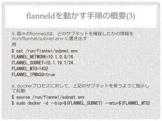 5. 個々のflanneldは、どのサブネットを確保したかの情報を
/run/flannel/subnet.env に書き出す
例
$ cat /run/flannel/subnet.env
FLANNEL_NETWORK=10.1.0.0/16
FLANNEL_SUBNET=10.1.19.1/24
FLANNEL_MTU=1432
FLANNEL_IPMASQ=true
6. dockerプロセスに対して、上記のサブネットを使うように指示し
て起動
$ source /run/flannel/subnet.env
$ sudo docker -d --bip=${FLANNEL_SUBNET} --mtu=${FLANNEL_MTU}
flanneldを動かす手順の概要(3)
 