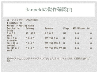 ルーティングテーブルの確認:
$ netstat -rn
Kernel IP routing table
Destination Gateway Genmask Flags MSS Window irtt
Iface
0.0.0.0 10.140.0.1 0.0.0.0 UG 0 0 0
ens4
10.1.0.0 0.0.0.0 255.255.0.0 U 0 0 0
flannel0
10.1.19.0 0.0.0.0 255.255.255.0 U 0 0 0
docker0
10.140.0.1 0.0.0.0 255.255.255.255 UH 0 0 0
ens4
他のホスト上のコンテナのIPアドレス(たとえば10.1.79.2)に向けて接続できれば
OK
flanneldの動作確認(2)
 