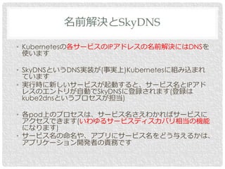 • Kubernetesの各サービスのIPアドレスの名前解決にはDNSを
使います
• SkyDNSというDNS実装が(事実上)Kubernetesに組み込まれ
ています
• 実行時に新しいサービスが起動すると、サービス名とIPアド
レスのエントリが自動でSkyDNSに登録されます(登録は
kube2dnsというプロセスが担当)
• 各pod上のプロセスは、サービス名さえわかればサービスに
アクセスできます(いわゆるサービスディスカバリ相当の機能
になります)
• サービス名の命名や、アプリにサービス名をどう与えるかは、
アプリケーション開発者の責務です
名前解決とSkyDNS
 