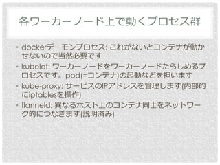 • dockerデーモンプロセス: これがないとコンテナが動か
せないので当然必要です
• kubelet: ワーカーノードをワーカーノードたらしめるプ
ロセスです。pod(=コンテナ)の起動などを担います
• kube-proxy: サービスのIPアドレスを管理します(内部的
にiptablesを操作)
• flanneld: 異なるホスト上のコンテナ同士をネットワー
ク的につなぎます(説明済み)
各ワーカーノード上で動くプロセス群
 