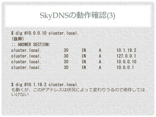 $ dig @10.0.0.10 cluster.local.
(抜粋)
;; ANSWER SECTION:
cluster.local. 30 IN A 10.1.19.2
cluster.local. 30 IN A 127.0.0.1
cluster.local. 30 IN A 10.0.0.10
cluster.local. 30 IN A 10.0.0.1
$ dig @10.1.19.2 cluster.local.
も動くが、このIPアドレスは状況によって変わりうるので依存しては
いけない
SkyDNSの動作確認(3)
 