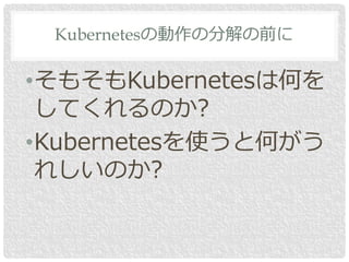 Kubernetesの動作の分解の前に
•そもそもKubernetesは何を
してくれるのか?
•Kubernetesを使うと何がう
れしいのか?
 