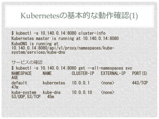 $ kubectl -s 10.140.0.14:8080 cluster-info
Kubernetes master is running at 10.140.0.14:8080
KubeDNS is running at
10.140.0.14:8080/api/v1/proxy/namespaces/kube-
system/services/kube-dns
サービスの確認
$ kubectl -s 10.140.0.14:8080 get --all-namespaces svc
NAMESPACE NAME CLUSTER-IP EXTERNAL-IP PORT(S)
AGE
default kubernetes 10.0.0.1 <none> 443/TCP
47m
kube-system kube-dns 10.0.0.10 <none>
53/UDP,53/TCP 45m
Kubernetesの基本的な動作確認(1)
 