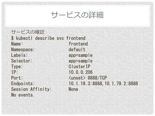サービスの確認
$ kubectl describe svc frontend
Name: frontend
Namespace: default
Labels: app=sample
Selector: app=sample
Type: ClusterIP
IP: 10.0.0.206
Port: <unset> 8888/TCP
Endpoints: 10.1.19.3:8888,10.1.79.2:8888
Session Affinity: None
No events.
サービスの詳細
 