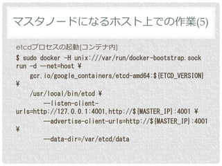 etcdプロセスの起動(コンテナ内)
$ sudo docker -H unix:///var/run/docker-bootstrap.sock
run -d --net=host ¥
gcr.io/google_containers/etc...