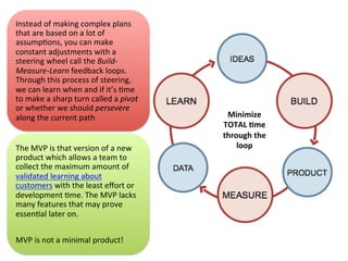 Minimize	
  
TOTAL	
  =me	
  
through	
  the	
  
loop	
  
Instead	
  of	
  making	
  complex	
  plans	
  
that	
  are	
  based	
  on	
  a	
  lot	
  of	
  
assump&ons,	
  you	
  can	
  make	
  
constant	
  adjustments	
  with	
  a	
  
steering	
  wheel	
  call	
  the	
  Build-­‐
Measure-­‐Learn	
  feedback	
  loops.	
  
Through	
  this	
  process	
  of	
  steering,	
  
we	
  can	
  learn	
  when	
  and	
  if	
  it’s	
  &me	
  
to	
  make	
  a	
  sharp	
  turn	
  called	
  a	
  pivot	
  
or	
  whether	
  we	
  should	
  persevere	
  
along	
  the	
  current	
  path	
  
The	
  MVP	
  is	
  that	
  version	
  of	
  a	
  new	
  
product	
  which	
  allows	
  a	
  team	
  to	
  
collect	
  the	
  maximum	
  amount	
  of	
  
validated	
  learning	
  about	
  
customers	
  with	
  the	
  least	
  eﬀort	
  or	
  
development	
  &me.	
  The	
  MVP	
  lacks	
  
many	
  features	
  that	
  may	
  prove	
  
essen&al	
  later	
  on.	
  	
  
	
  
MVP	
  is	
  not	
  a	
  minimal	
  product!	
  
 
