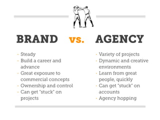 BRAND vs.                   AGENCY
•   Steady                  •   Variety of projects
•   Build a career and      •   Dynamic and creative
    advance                     environments
•   Great exposure to       •   Learn from great
    commercial concepts         people, quickly
•   Ownership and control   •   Can get “stuck” on
•   Can get “stuck” on          accounts
    projects                •   Agency hopping
 