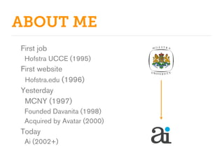 ABOUT ME
First job
 Hofstra UCCE (1995)
First website
 Hofstra.edu (1996)
Yesterday
 MCNY (1997)
 Founded Davanita (1998)
 Acquired by Avatar (2000)
Today
 Ai (2002+)
 