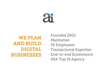 •   Founded 2002
  WE PLAN    •   Manhattan
 AND BUILD   •   50 Employees
   DIGITAL   •   Transactional Expertise
BUSINESSES   •   End-to-end Ecommerce
             •   IMA Top 10 Agency
 