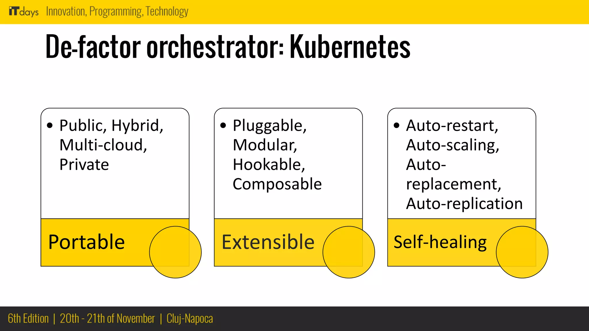 De-factor orchestrator: Kubernetes
• Public, Hybrid,
Multi-cloud,
Private
Portable
• Pluggable,
Modular,
Hookable,
Composable
Extensible
• Auto-restart,
Auto-scaling,
Auto-
replacement,
Auto-replication
Self-healing
 