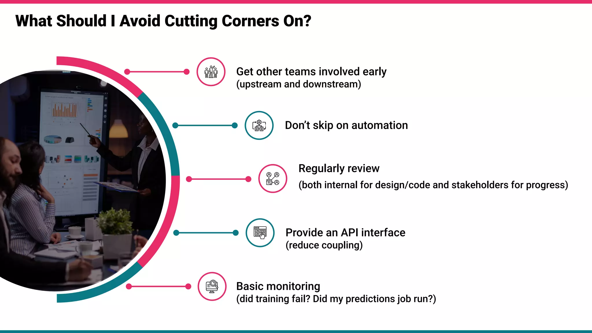 What Should I Avoid Cutting Corners On?
Get other teams involved early
(upstream and downstream)
Don’t skip on automation
Regularly review
(both internal for design/code and stakeholders for progress)
Provide an API interface
(reduce coupling)
Basic monitoring
(did training fail? Did my predictions job run?)
 