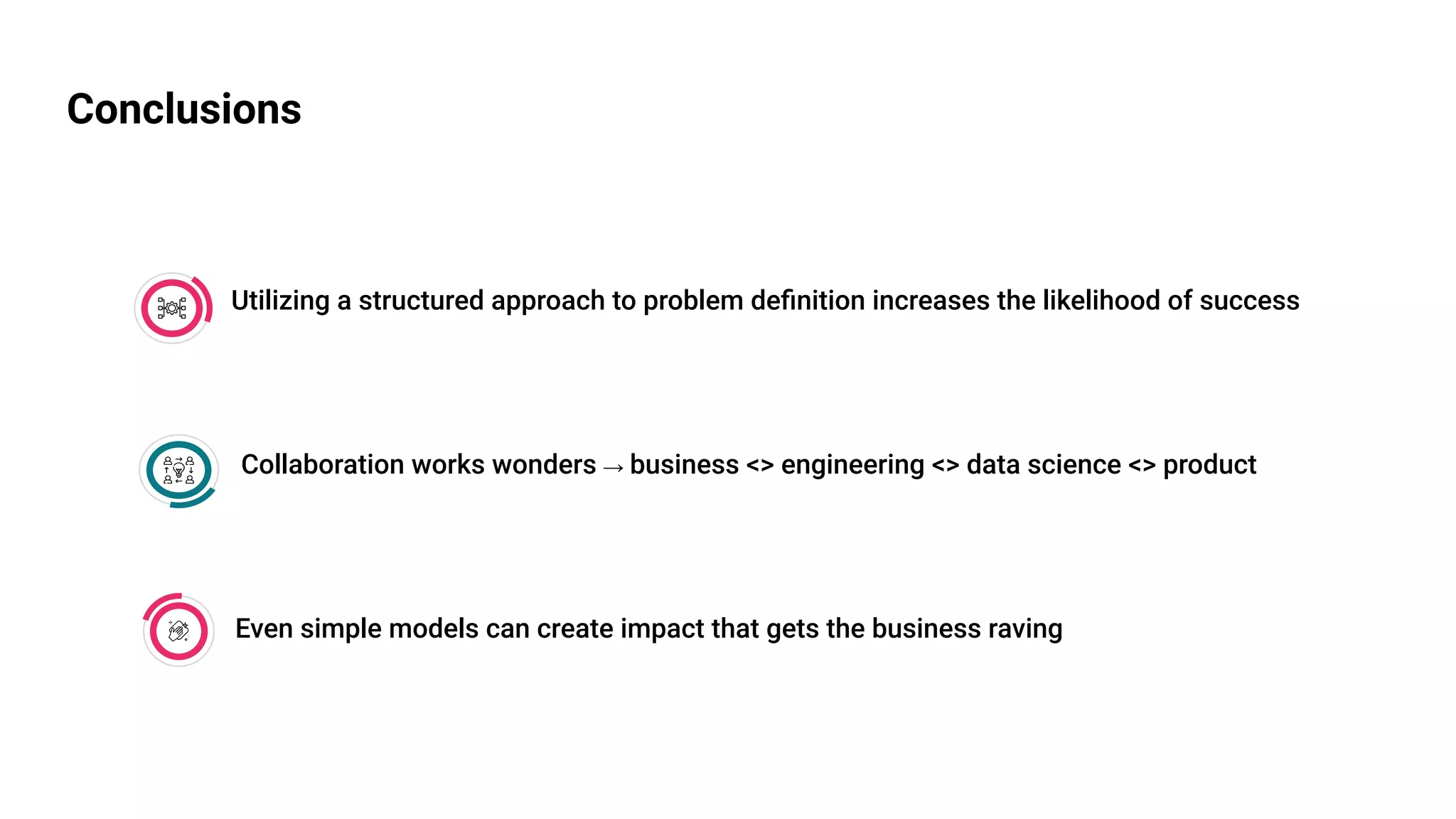 Collaboration works wonders → business <> engineering <> data science <> product
Utilizing a structured approach to problem deﬁnition increases the likelihood of success
Even simple models can create impact that gets the business raving
Conclusions
 
