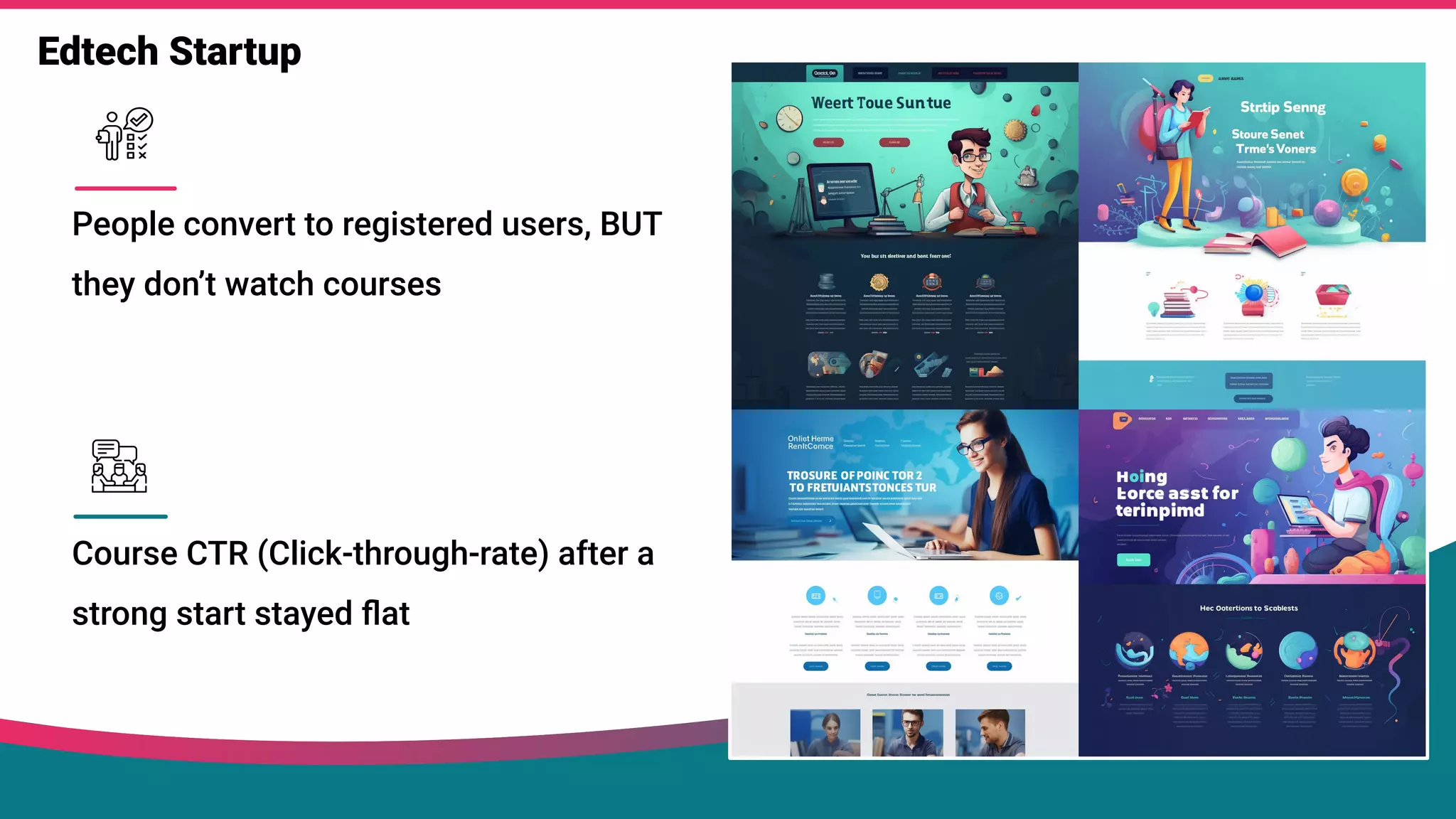 Edtech Startup
People convert to registered users, BUT
they don’t watch courses
Course CTR (Click-through-rate) after a
strong start stayed ﬂat
 