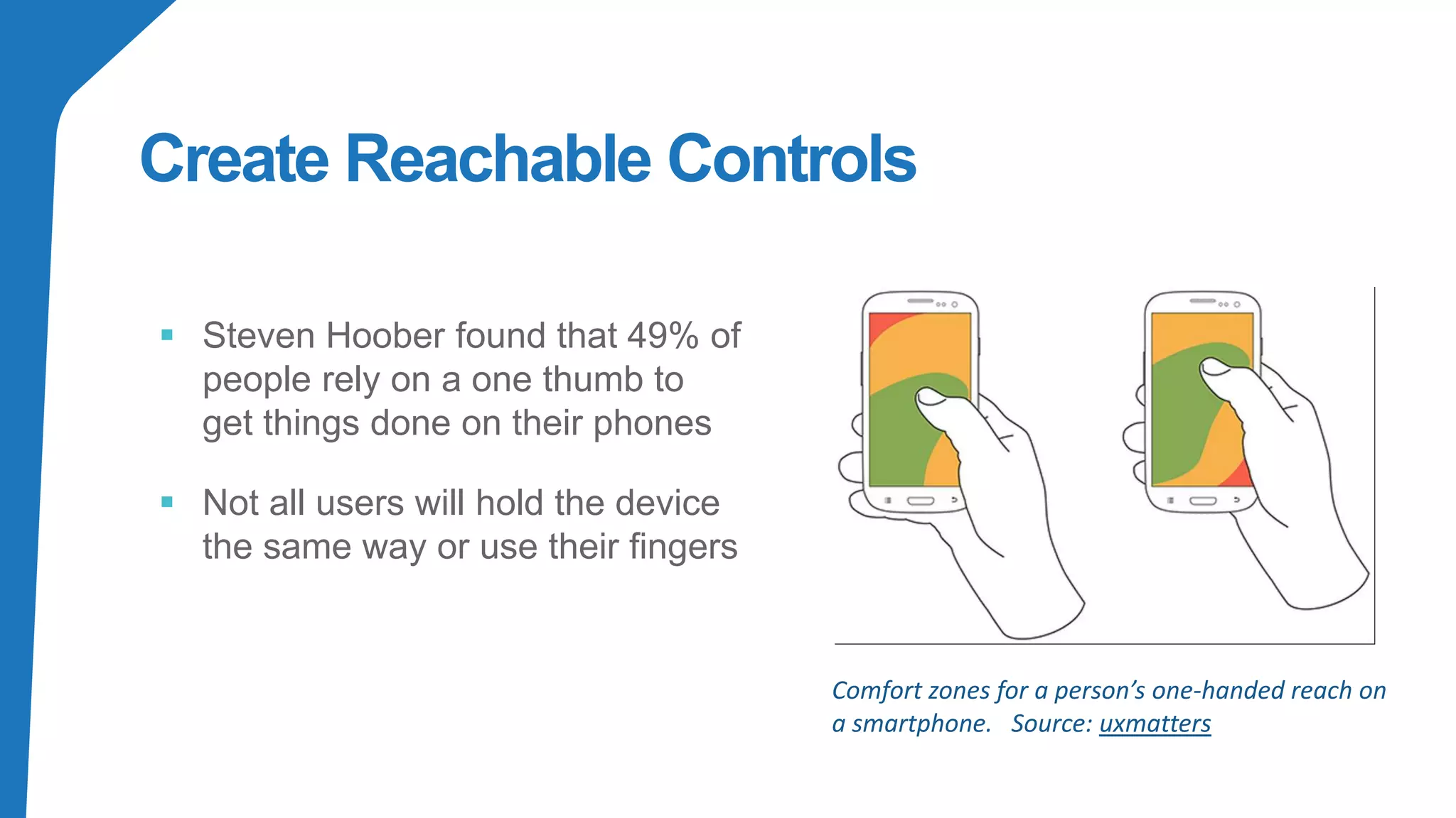 Create Reachable Controls
▪ Steven Hoober found that 49% of
people rely on a one thumb to
get things done on their phones
▪ Not all users will hold the device
the same way or use their fingers
Comfort zones for a person’s one-handed reach on
a smartphone. Source: uxmatters
 
