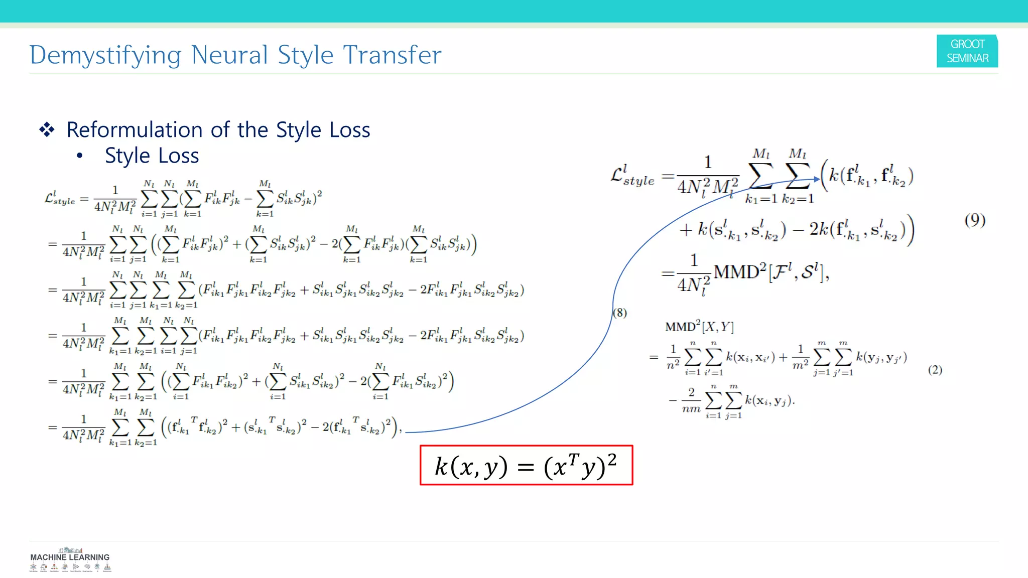 Demystifying Neural Style Transfer
❖ Reformulation of the Style Loss
• Style Loss
𝑘 𝑥, 𝑦 = (𝑥 𝑇 𝑦)2
 