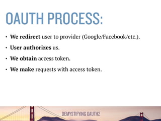 WITH OAUTH
Web Developer Customer
Provider (ex. Google API)
OAuth2
 
