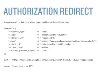 ONLINE STEPS
• Go to: http://console.developers.google.com/
• Enable Drive API
• Create OAuth Credentials
 