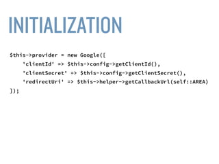 ACCESSTOKEN
$token = $this->provider->getAccessToken(
'authorization_code', [
'code' => $_GET[‘code']
]
);
 