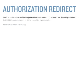 $fileResponse = $client->get(
'https://www.googleapis.com/drive/v2/files', [ 
'headers' => [
'Authorization' => $token->getToken(),
'Referer' => 'http://oauth2implementation.com'
]
]
);
 
$files = new Files($fileResponse->getBody());
 