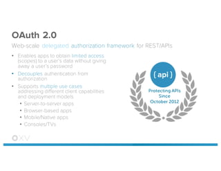 OAuth 2.0
Web-scale delegated authorization framework for REST/APIs
• Enables apps to obtain limited access
(scopes) to a user’s data without giving
away a user’s password
• Decouples authentication from
authorization
• Supports multiple use cases
addressing different client capabilities
and deployment models
• Server-to-server apps
• Browser-based apps
• Mobile/Native apps
• Consoles/TVs
Protecting APIs
Since
October 2012
 