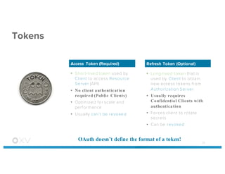 Tokens
28
• Short-lived token used by
Client to access Resource
Server (API)
• No client authentication
required (Public Clients)
• Optimized for scale and
performance
• Usually can’t be revoked
Access Token (Required)
• Long-lived token that is
used by Client to obtain
new access tokens from
Authorization Server
• Usually requires
Confidential Clients with
authentication
• Forces client to rotate
secrets
• Can be revoked
Refresh Token (Optional)
OAuth doesn’t define the format of a token!
 
