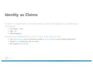 Identity as Claims
A claim is a statement or assertion that a certain fact applies to something or
somebody
• First Name = ‘Karl’
• Age > 21
• Okta Employee
Issued by an Authority for a Subject (e.g. user, device, etc.)
• Can self-asserted such as Facebook profile or issuer asserted such as Okta Organization
• Explicit trust relationship with an issuer
• Are subject to verification
5
 