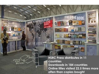 HSRC Press distributes in 11
countries
Downloads in 184 countries
Online titles visited 22.5 times more
often than copies bought
 