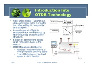 7/15/14 © 2014 TTI / Mike Mazzatti / teratec.us 11
Introduction Into
OTDR Technology
• Fiber Optic Radar – Launch an
ultra-short laser pulse  monitor
the reflected light in sequential
time samples.
• A small amount of light is
scattered back to the source by
fiber impurities and crystalline
structure.
• Splices or connections cause
large reflections back to the
source.
• OTDR Measures Scattering
– Rayleigh – loss mechanisms of
the exponentially decaying signal
– Fresnel Reflections – high level
signals at discontinuities
 