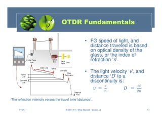 13
OTDR Fundamentals
• FO speed of light, and
distance traveled is based
on optical density of the
glass, or the index of
refraction ‘n’.
• The light velocity ‘v’, and
distance ‘D’ to a
discontinuity is:
+ = , =

*
The reflection intensity verses the travel time (distance).
7/15/14 © 2014 TTI / Mike Mazzatti / teratec.us
 