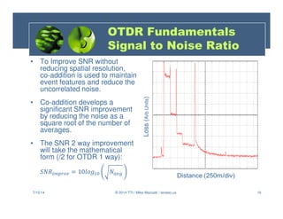 16
• To Improve SNR without
reducing spatial resolution,
co-addition is used to maintain
event features and reduce the
uncorrelated noise.
• Co-addition develops a
significant SNR improvement
by reducing the noise as a
square root of the number of
averages.
• The SNR 2 way improvement
will take the mathematical
form (/2 for OTDR 1 way):
-'./(01 = 102$ -13
Loss
(
Arb
Units
)
7/15/14 © 2014 TTI / Mike Mazzatti / teratec.us
OTDR Fundamentals
Signal to Noise Ratio
 