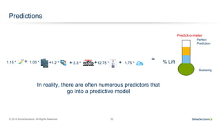 © 2014 SiriusDecisions. All Rights Reserved 52
Predictions
In reality, there are often numerous predictors that
go into a predictive model
=
1.15 * 1.05 * 1.2 * 3.3 * 12.75 * 1.75 * % Lift++ + + +
Predict-o-meter
Guessing
Perfect
Prediction
 