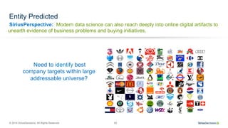 SiriusPerspective:
© 2014 SiriusDecisions. All Rights Reserved 62
Entity Predicted
Modern data science can also reach deeply into online digital artifacts to
unearth evidence of business problems and buying initiatives.
Need to identify best
company targets within large
addressable universe?
 
