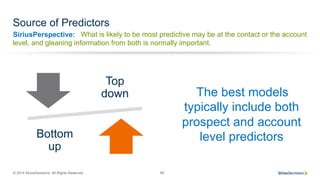 SiriusPerspective:
© 2014 SiriusDecisions. All Rights Reserved 65
Source of Predictors
What is likely to be most predictive may be at the contact or the account
level, and gleaning information from both is normally important.
Top
down
Bottom
up
The best models
typically include both
prospect and account
level predictors
 