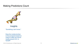 © 2014 SiriusDecisions. All Rights Reserved 72
Making Predictions Count
Insights
“Something I don’t know.”
Does the model prioritize
or find prospects based on
criteria a sales rep cannot
readily acquire him- or
herself?
 