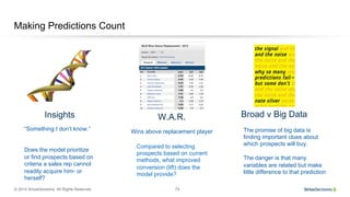 © 2014 SiriusDecisions. All Rights Reserved 74
Making Predictions Count
Insights
“Something I don’t know.”
Does the model prioritize
or find prospects based on
criteria a sales rep cannot
readily acquire him- or
herself?
The promise of big data is
finding important clues about
which prospects will buy.
The danger is that many
variables are related but make
little difference to that prediction
Broad v Big Data
Compared to selecting
prospects based on current
methods, what improved
conversion (lift) does the
model provide?
W.A.R.
Wins above replacement player
 