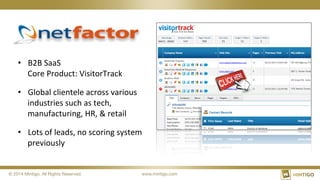 © 2014 Mintigo. All Rights Reserved.
 www.mintigo.com
•  B2B	
  SaaS	
  
Core	
  Product:	
  VisitorTrack	
  
•  Global	
  clientele	
  across	
  various	
  
industries	
  such	
  as	
  tech,	
  
manufacturing,	
  HR,	
  &	
  retail	
  
•  Lots	
  of	
  leads,	
  no	
  scoring	
  system	
  
previously	
  
 