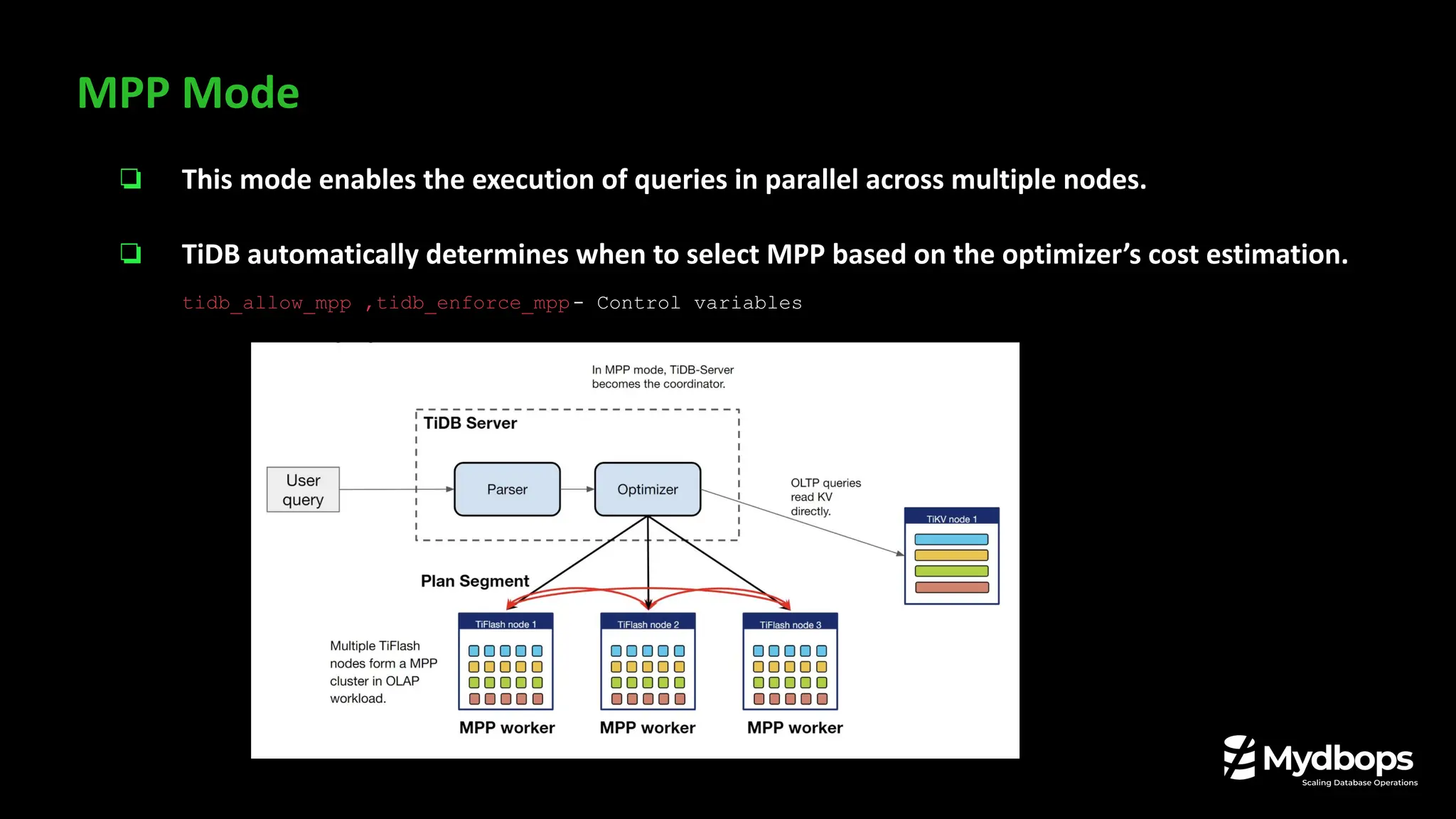 ❏ This mode enables the execution of queries in parallel across multiple nodes.
❏ TiDB automatically determines when to select MPP based on the optimizer’s cost estimation.
tidb_allow_mpp ,tidb_enforce_mpp- Control variables
MPP Mode
 